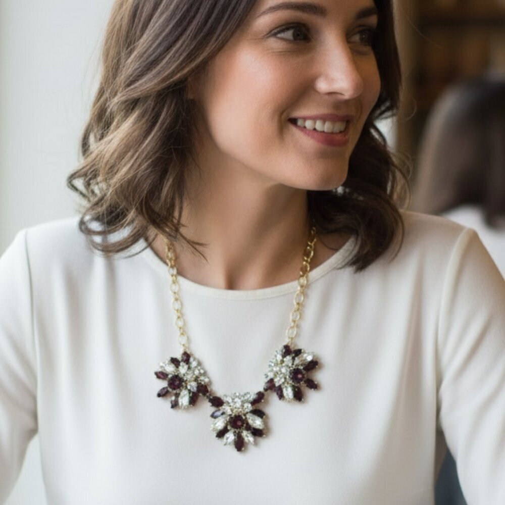 J Crew Purple Maroon Acrylic Gold Chain Clear Rhinestone Floral Crystal Necklace